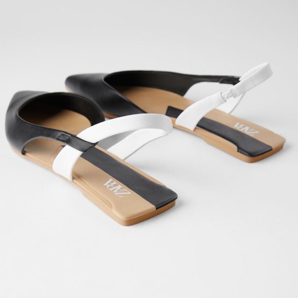 NWT Zara Black and White Colorblock Slingback Pointy Toe Flat - Picture 3 of 4